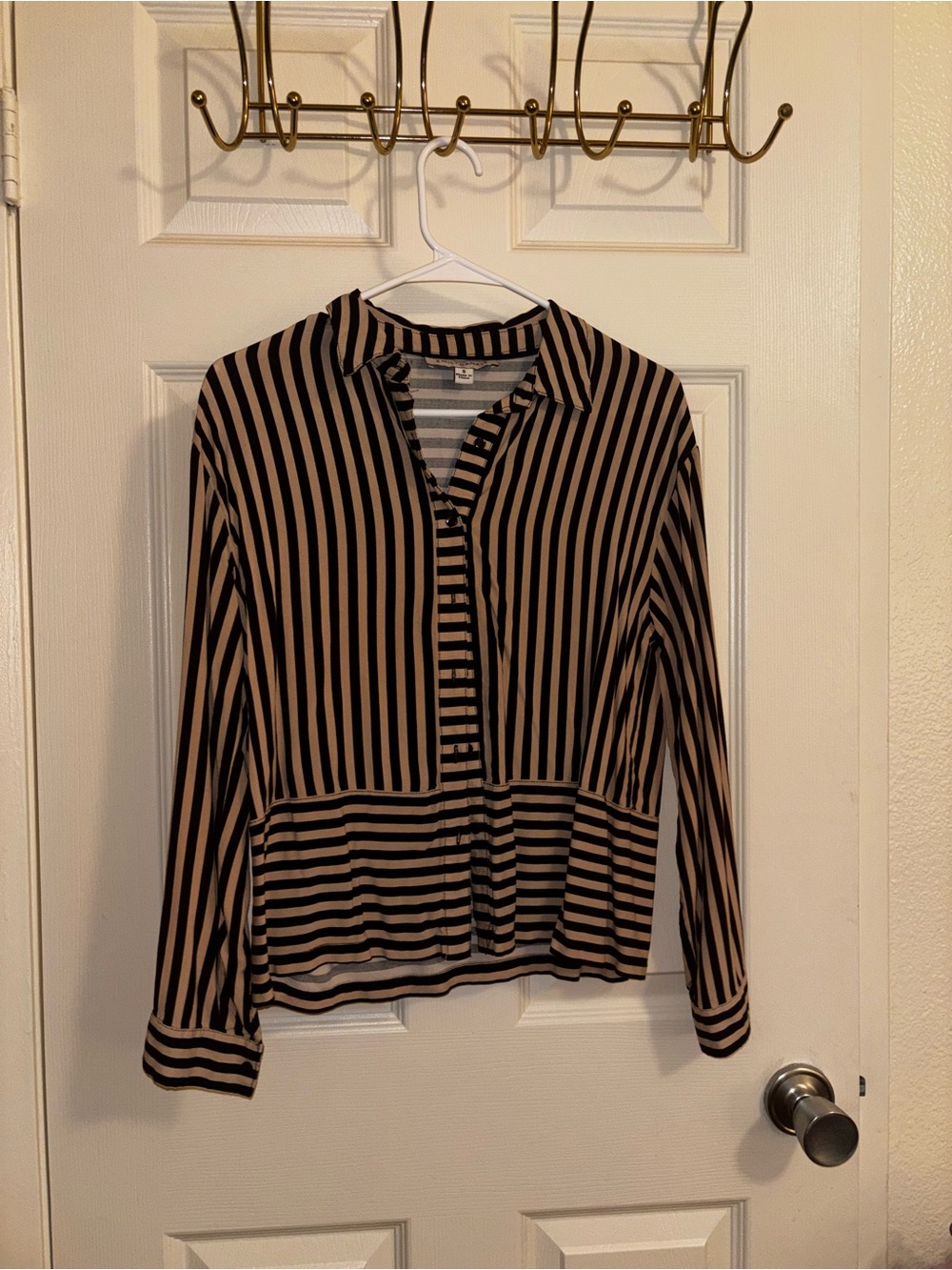 Striped Long-Sleeve Button-Front Blouse - Black & Beige